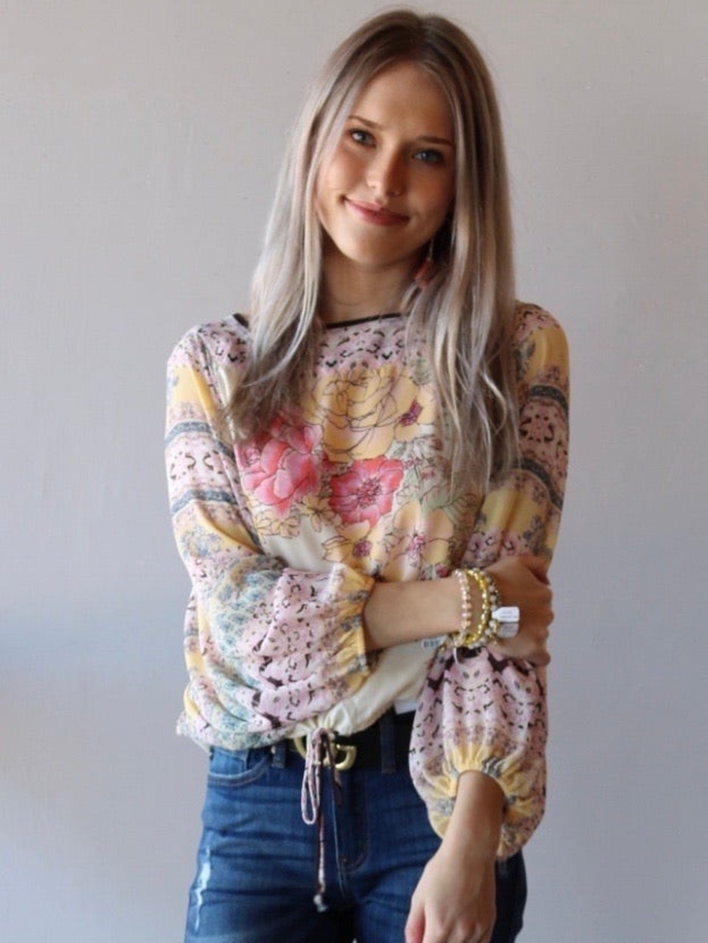 FREE PEOPLE Ivory Multi BLUE NILE Floral Print Drawstring Bottom Silk Top